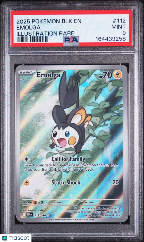 2025 Pokemon BLK EN-Black Bolt Emolga #112 Illustration Rare PSA 9